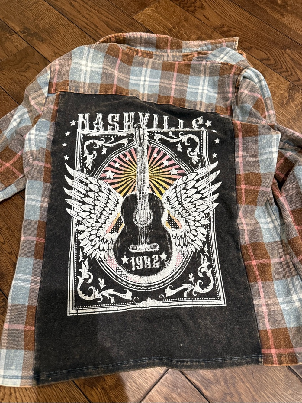 Oversized Plaid Flannel Shirt with Nashville Graphic - Pink & Brown